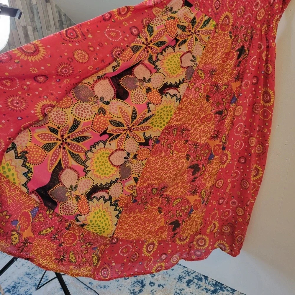 Jane Ashley Red Patchwork Floral Cotton Smocked Midi Dress XL Boho V-Neck - Picture 11 of 12